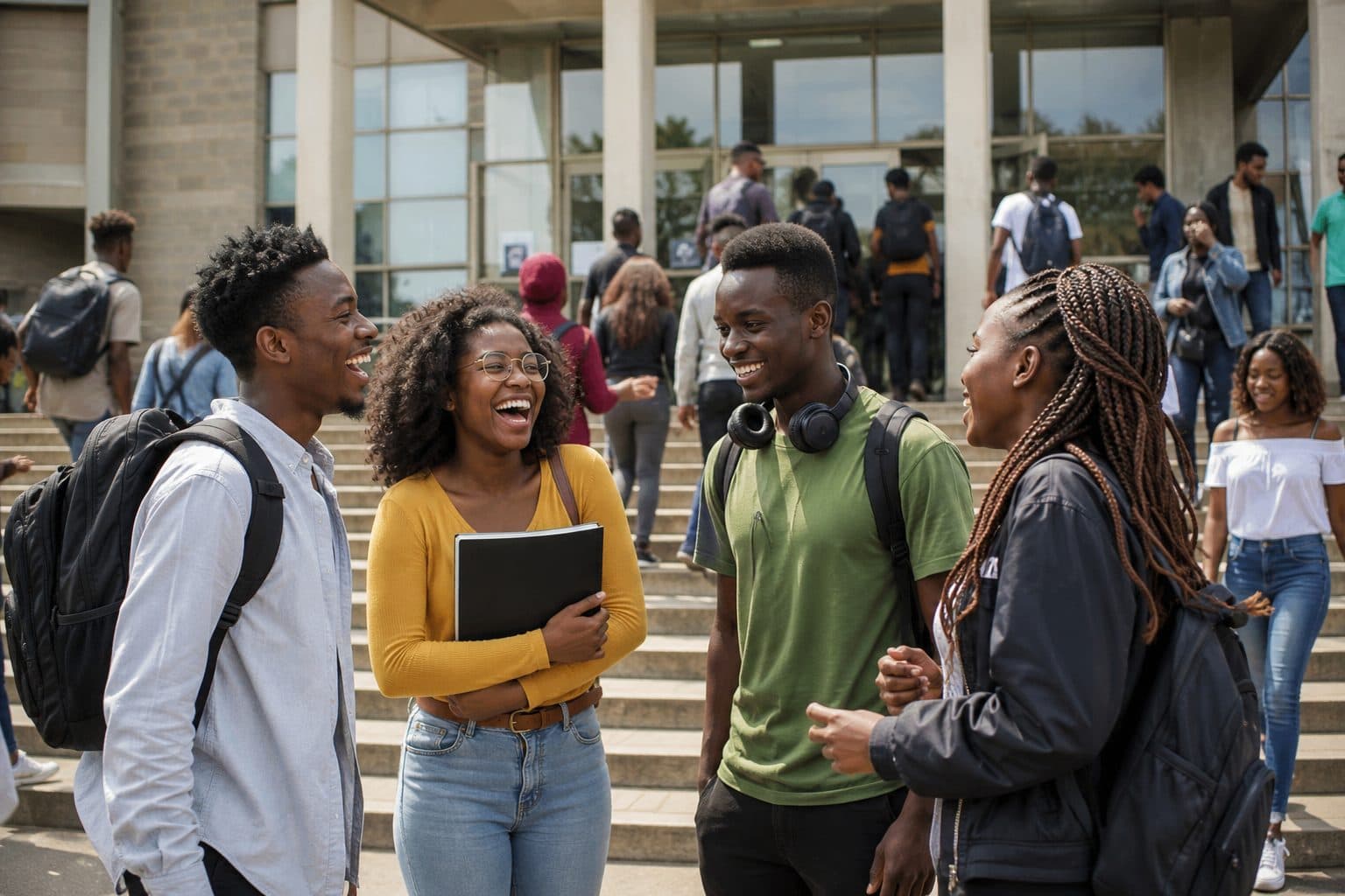 MUT Tech Community members laughing together outside the university library